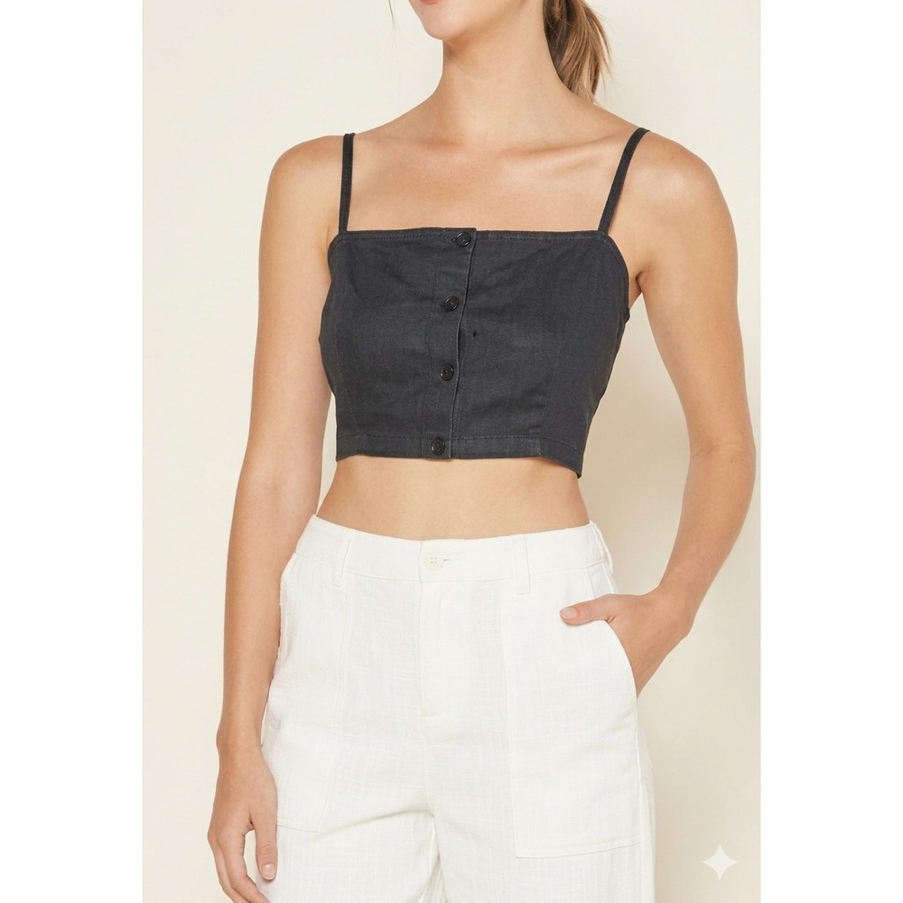 Outerknown Clean Girl Linen Crop Top Festival Black Tank Vaca Resortwear Size L‎